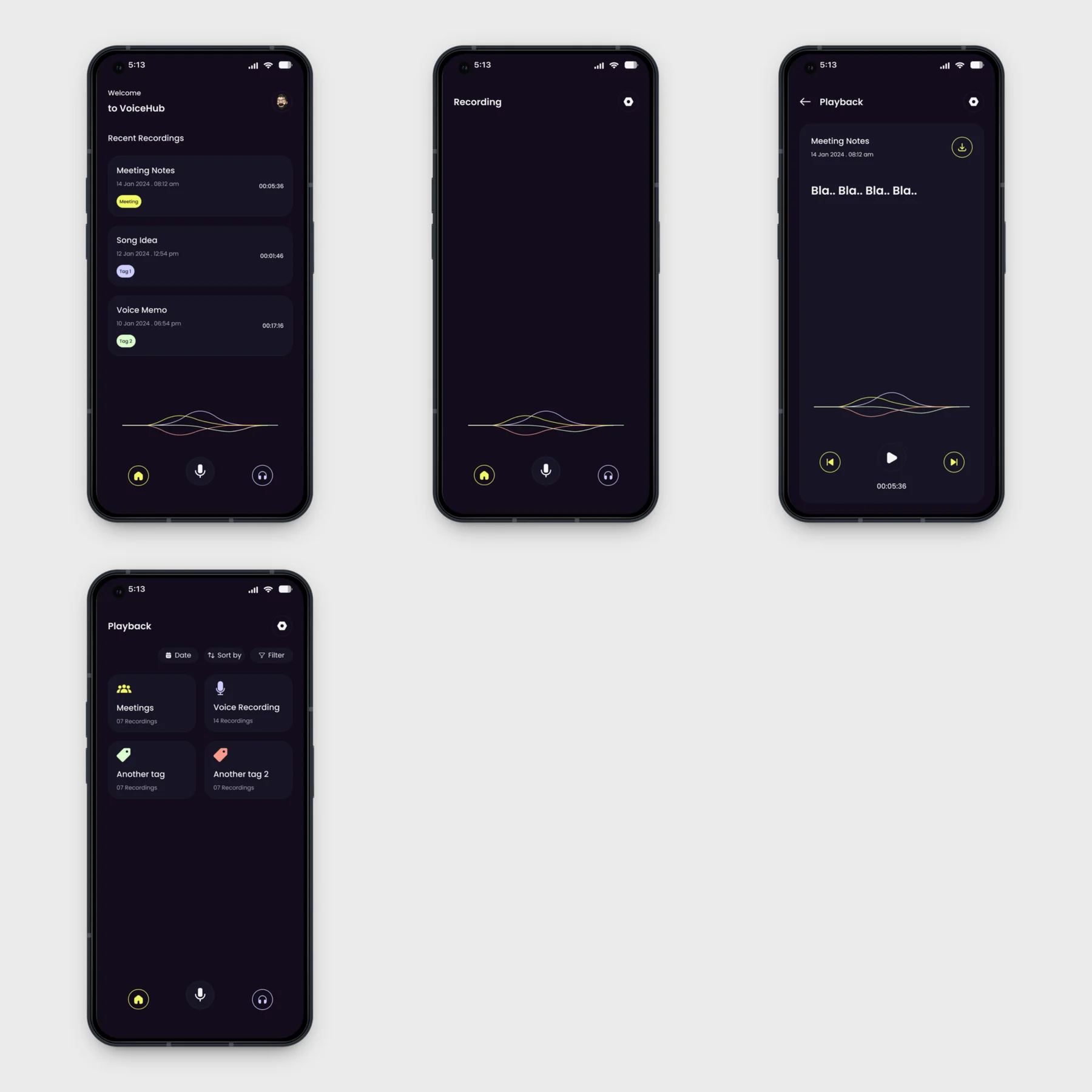 Voice recorder app screens: home with recent recordings, recording, playback and recordings by category